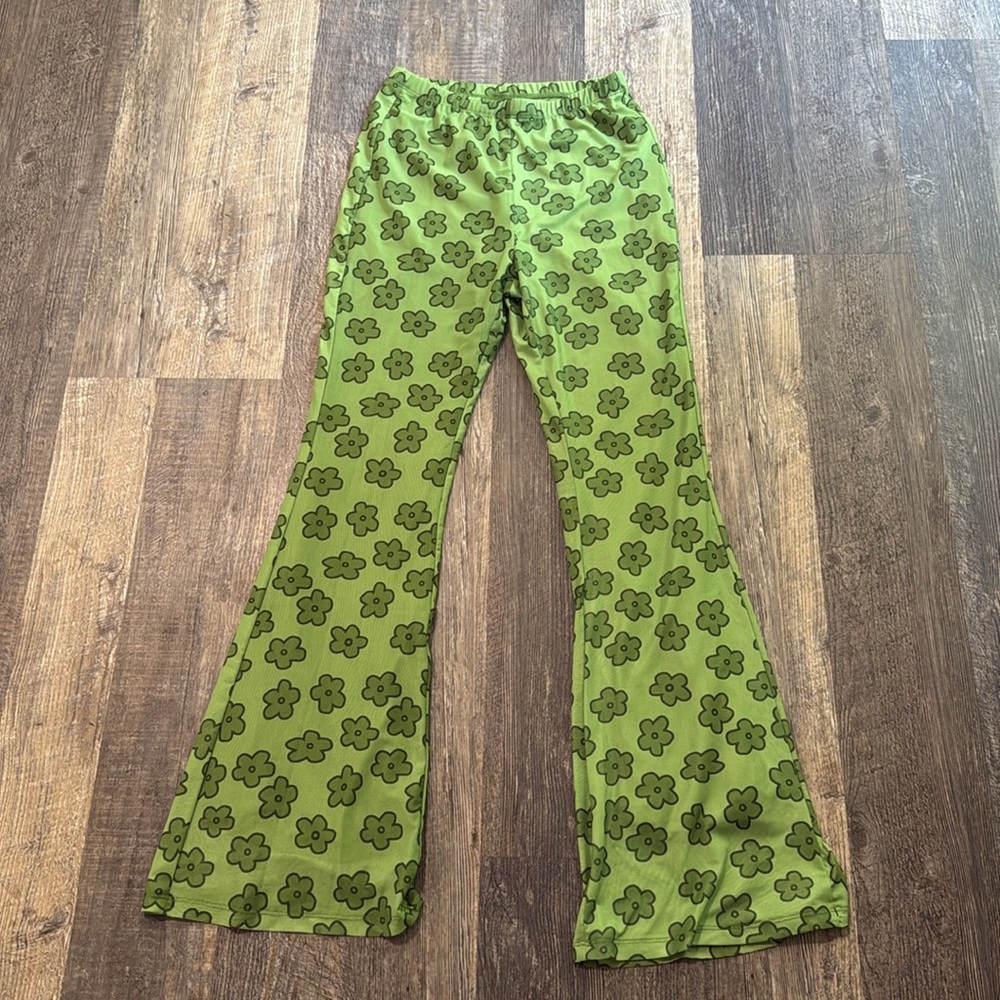 Shein Green Funky 70's Floral Bell Bottom Hippie Boho Flare Pants Women’s Small